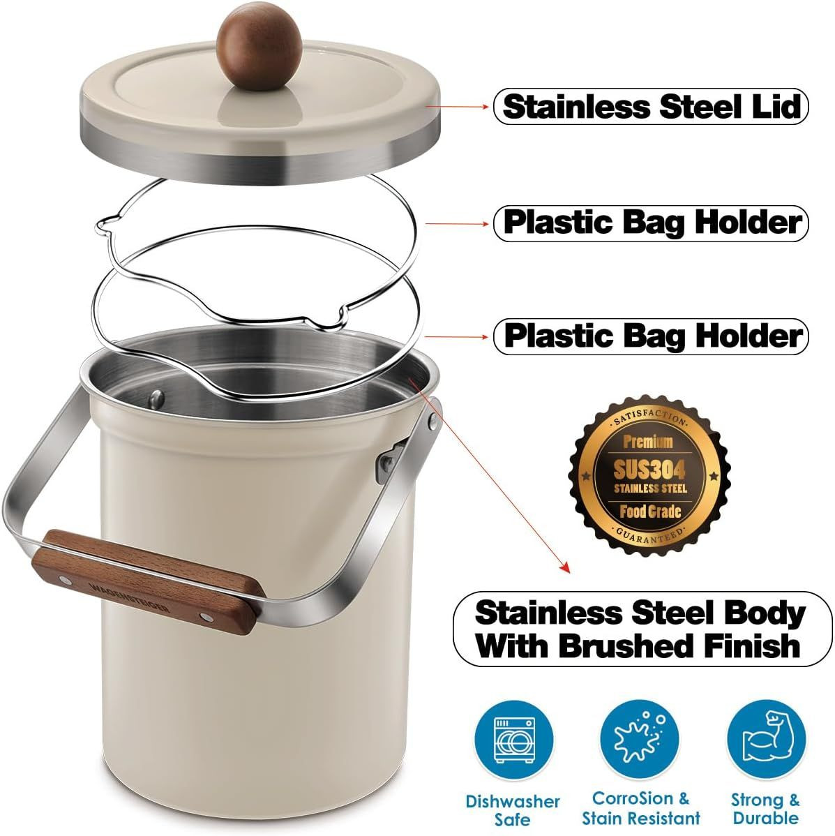 WAGENSTEIGER Stainless Steel Countertop Compost Bin - 3L, Odor-Free, Eco-Friendly, Durable & Stylish