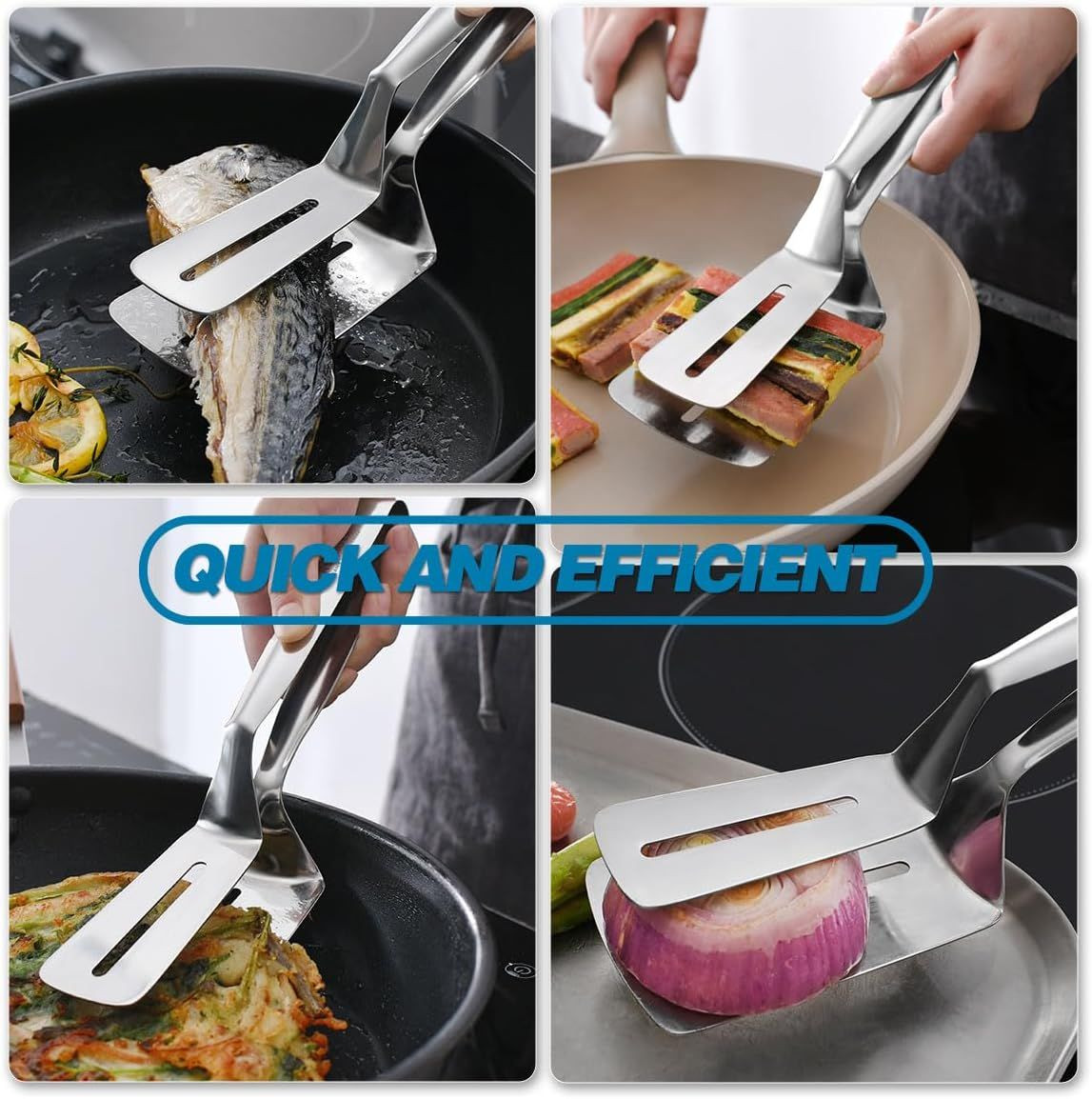 3 - in - 1 Food Grade Large Stainless Steel Spatula Tongs for Flipping or Picking up or Serving Grill Clamp Flipper Tur