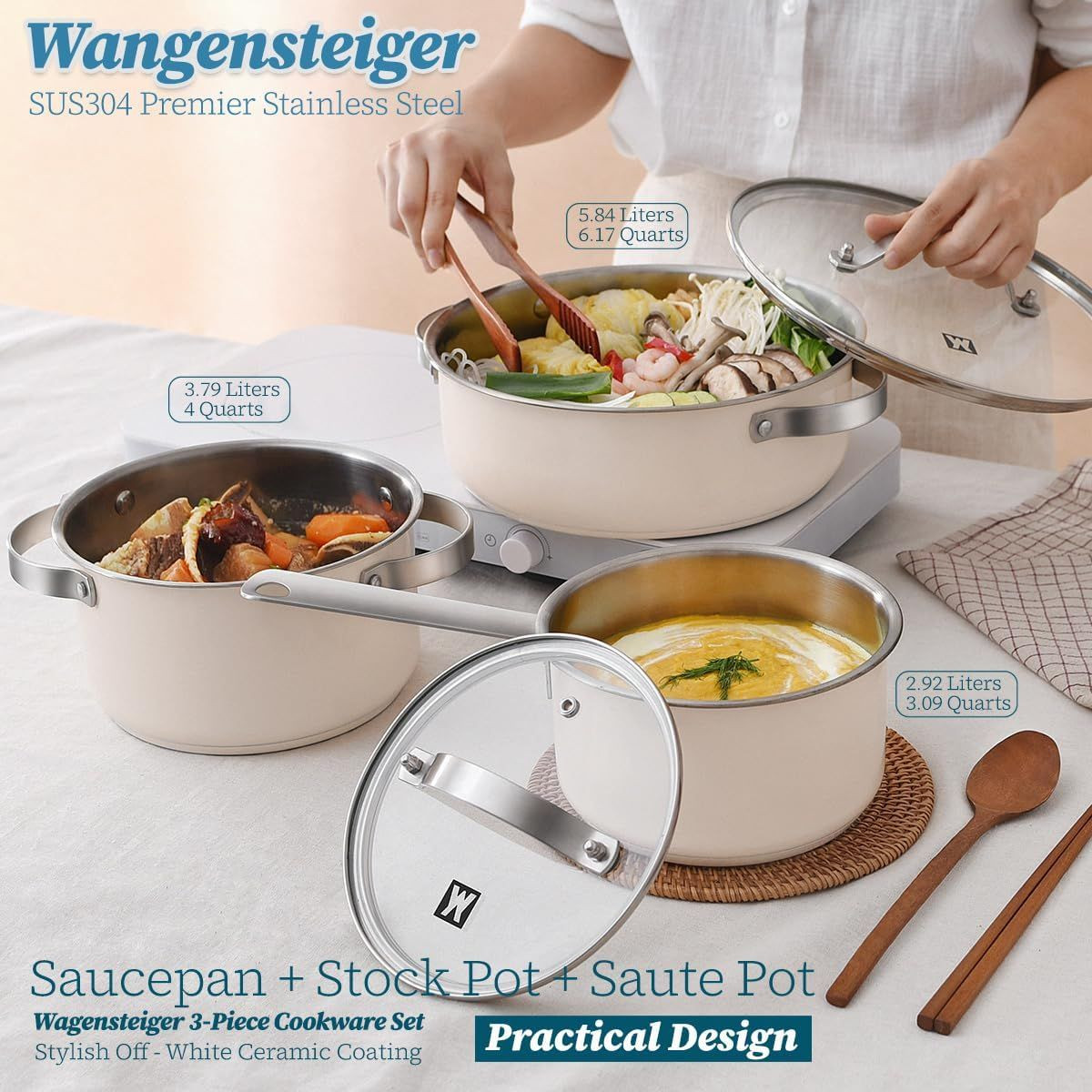 Set of 3piece Ceramic Coated Stainless Steel Pans & Pots with