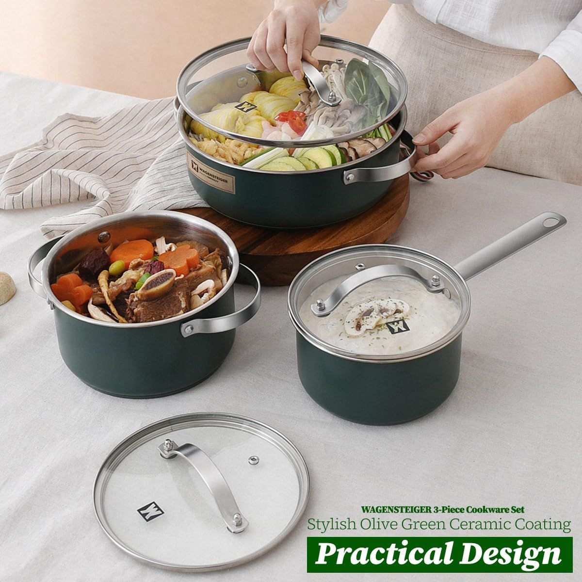 Set of 3piece Ceramic Coated Stainless Steel Pans & Pots with