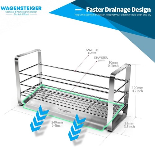 WAGENSTEIGER Stainless Steel Sink Caddy - Rustproof, Water Drainage Design, Multipurpose Kitchen Organizer